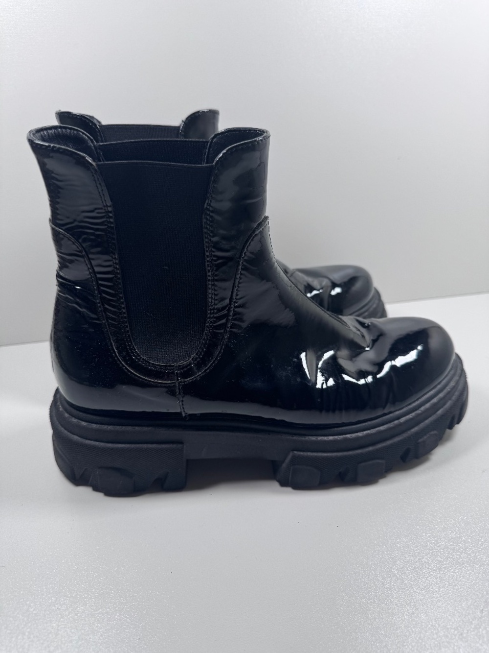 Chunky Patent Leather Chelsea Combat Boots Lug Sole Black 38 7.5 8 Grunge Italy